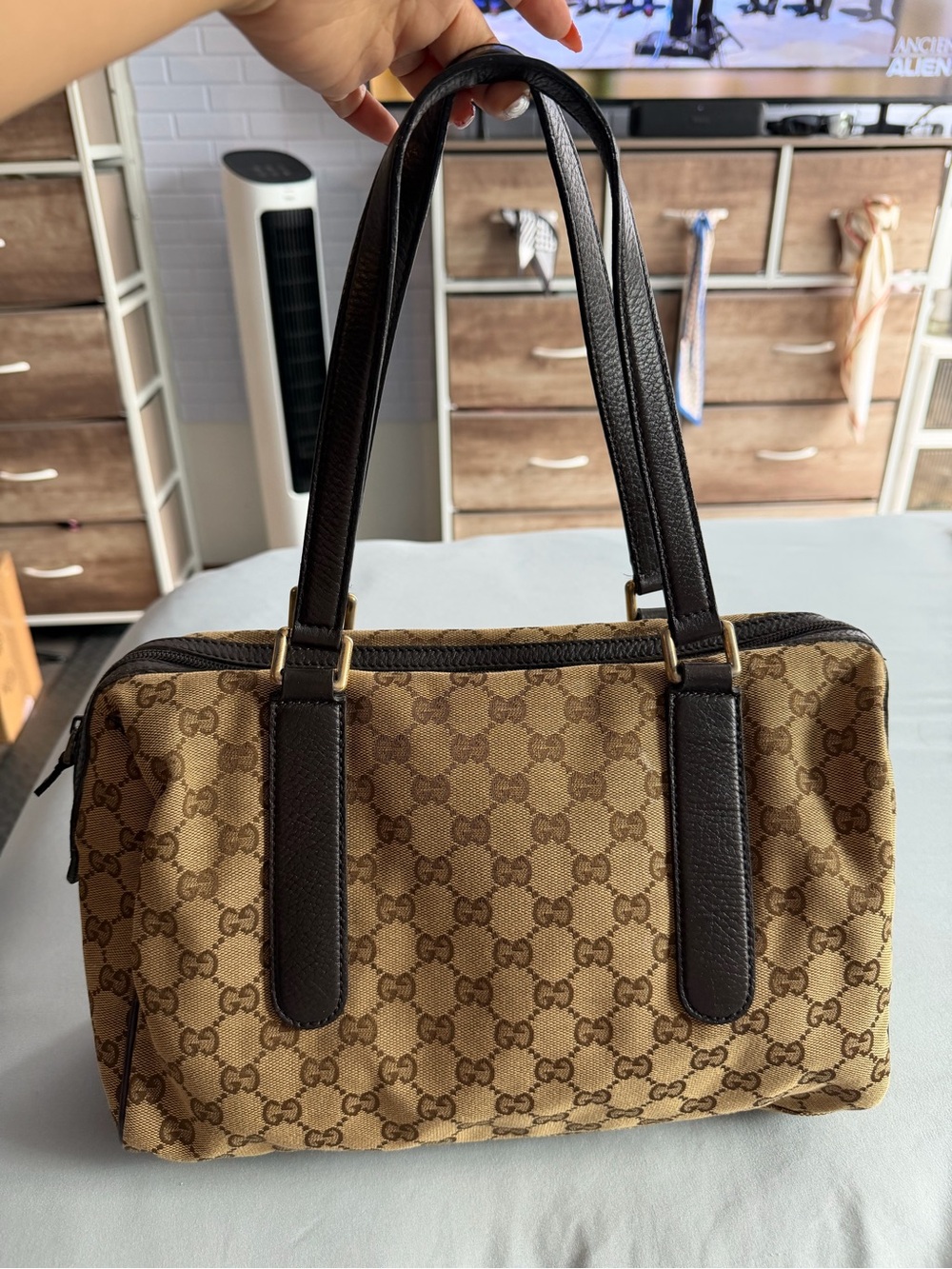 Gucci-Style Brown Monogram Tote Bag with Dark Brown Trim